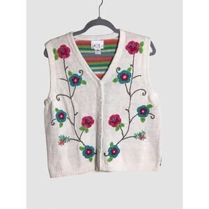 Cricket Lane Petite Women Vintage floral/Striped Sweater Vest Sz. LrgP White EUC